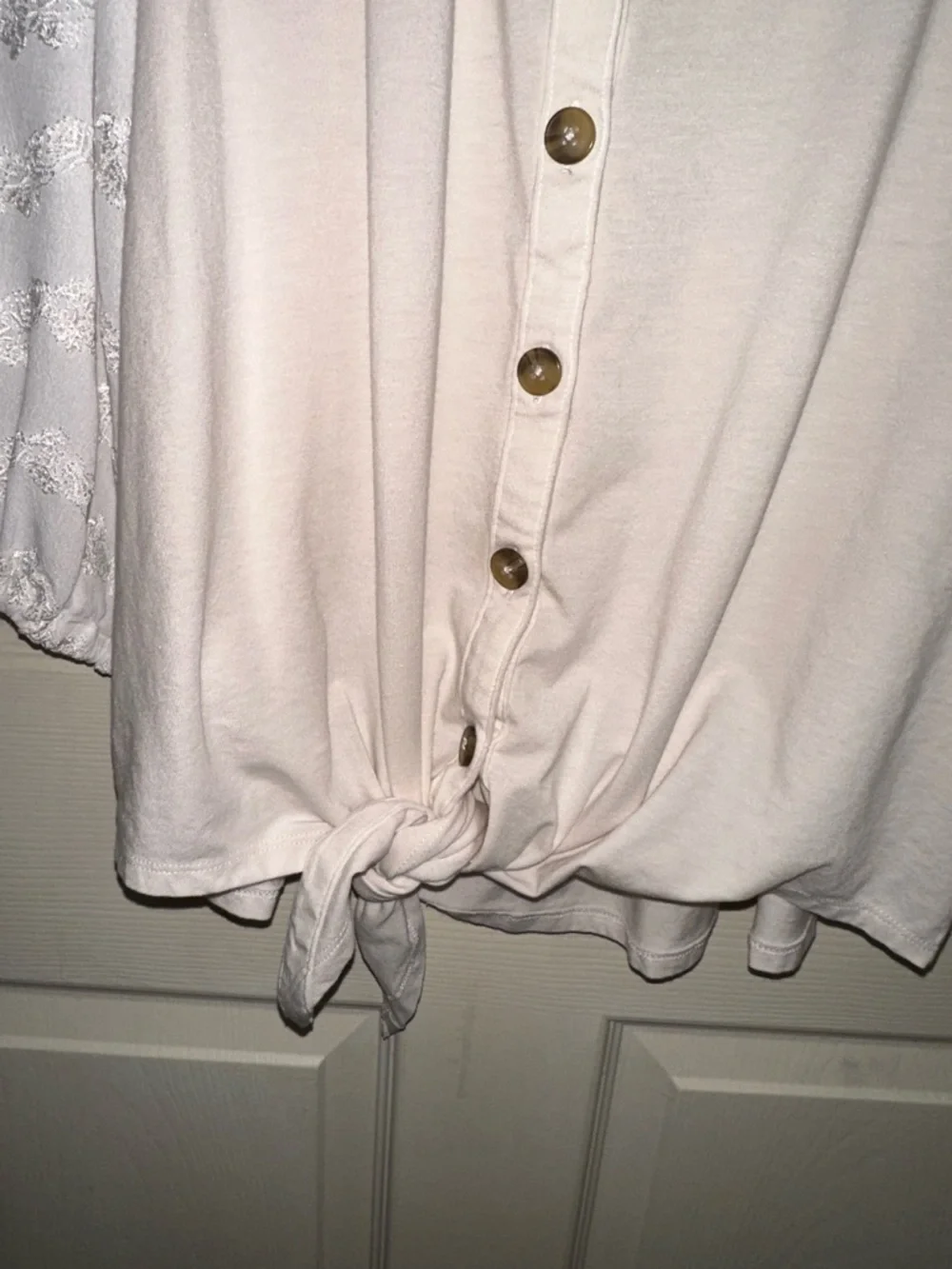 Anthropologie Cream Button-Front Blouse Lace Sleeves L mixed media cottagecore